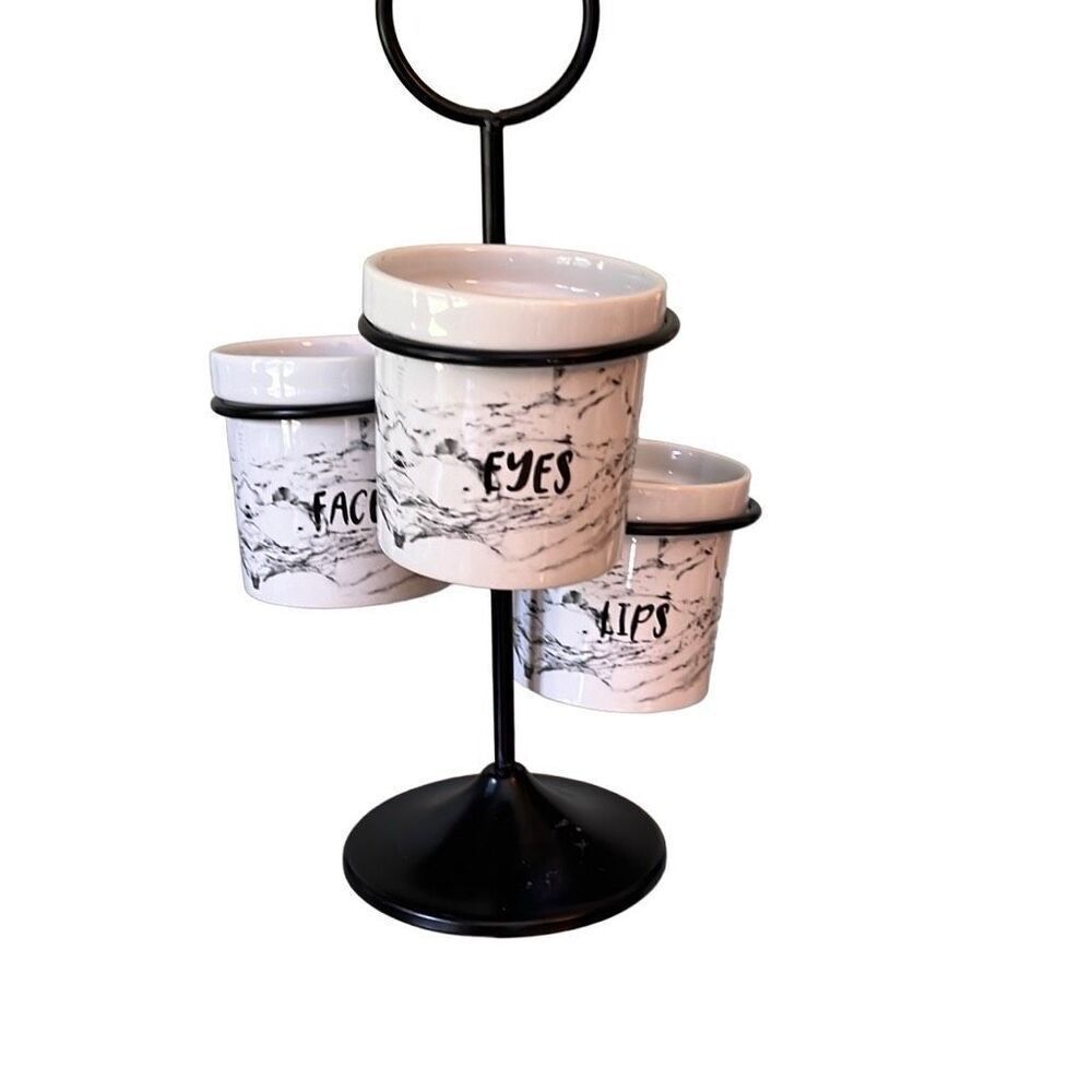 Marble Makeup Brush Holder with Three Ceramic Cups retro 80s vibe